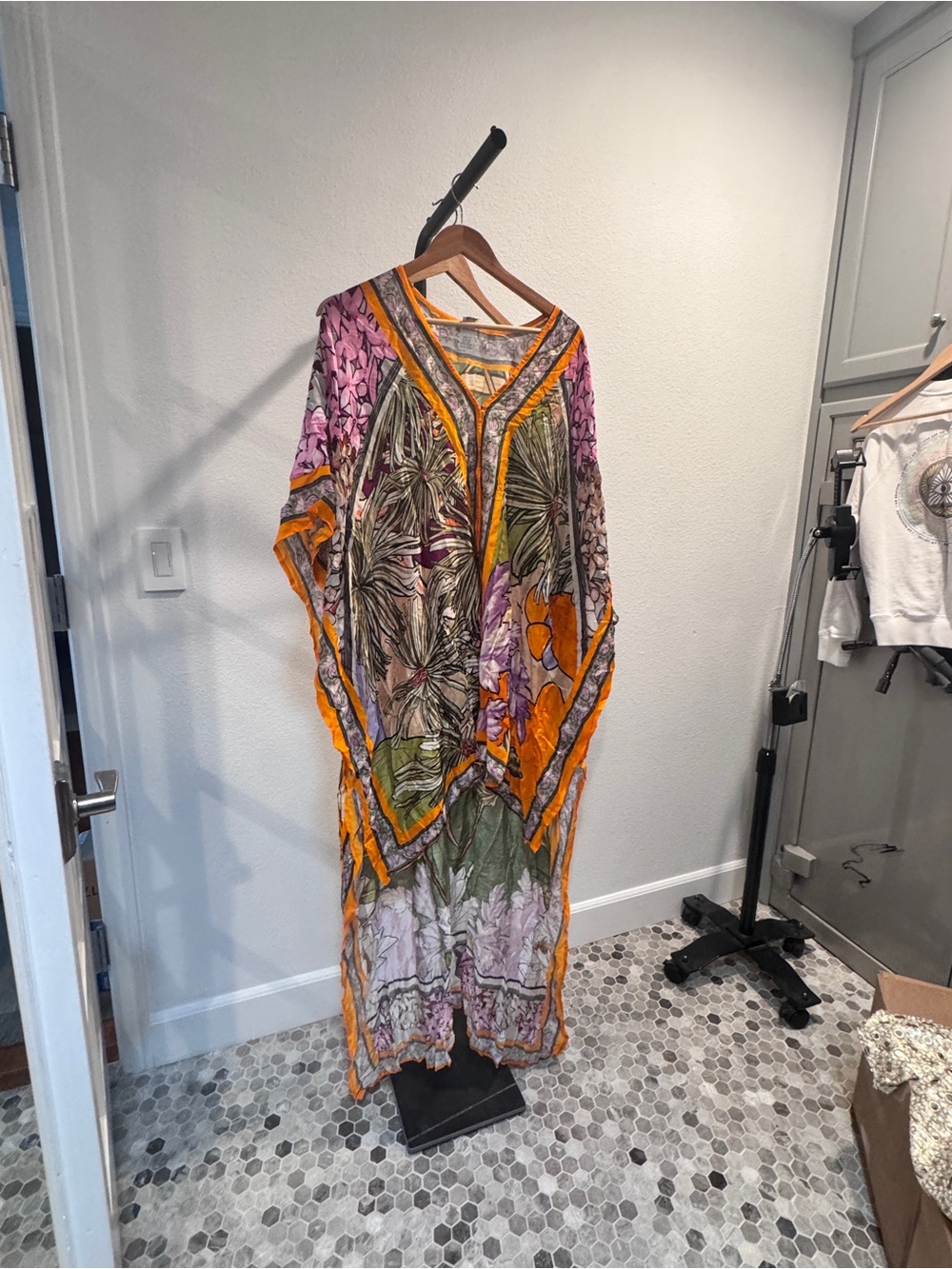 Agua Bendita Multicolor Floral Kaftan with Orange Trim NWT